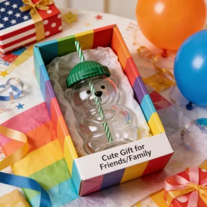 Bear Glass Cup 500ML with Straw, Clear Tumbler