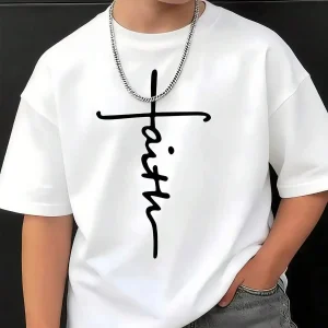 1pc Kids' Faith Cross Print White TShirt Crew Neck Casual Cotton Tee Medium Stretch Knit Fabric Regular Fit For Boys Girls Child